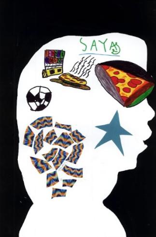 Silhouette of a child filled with drawn doodles and pieces of paper.