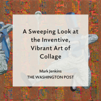 Two drum majors in blue uniform against an orange and tan collaged background. Text overlay reads 'A Sweeping Look at the Inventive Vibrant Art of Collage, Mark Jenkins, The Washington Post'