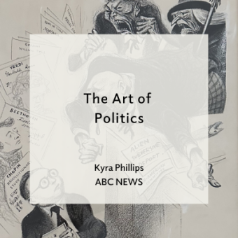 Black and white pencil caricature drawing with text overlay that reads 'The Art of Politics, Kyra Phillips, ABC News'