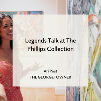 Photo of woman smiling and pointing at a painting with text overlay that reads "Legends Talk at The Phillips Collection, Ari Post, The Georgetowner"